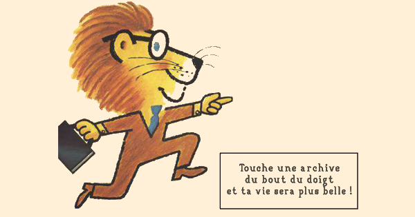 Affiche présentant un lion habillé d'un costume de travail
