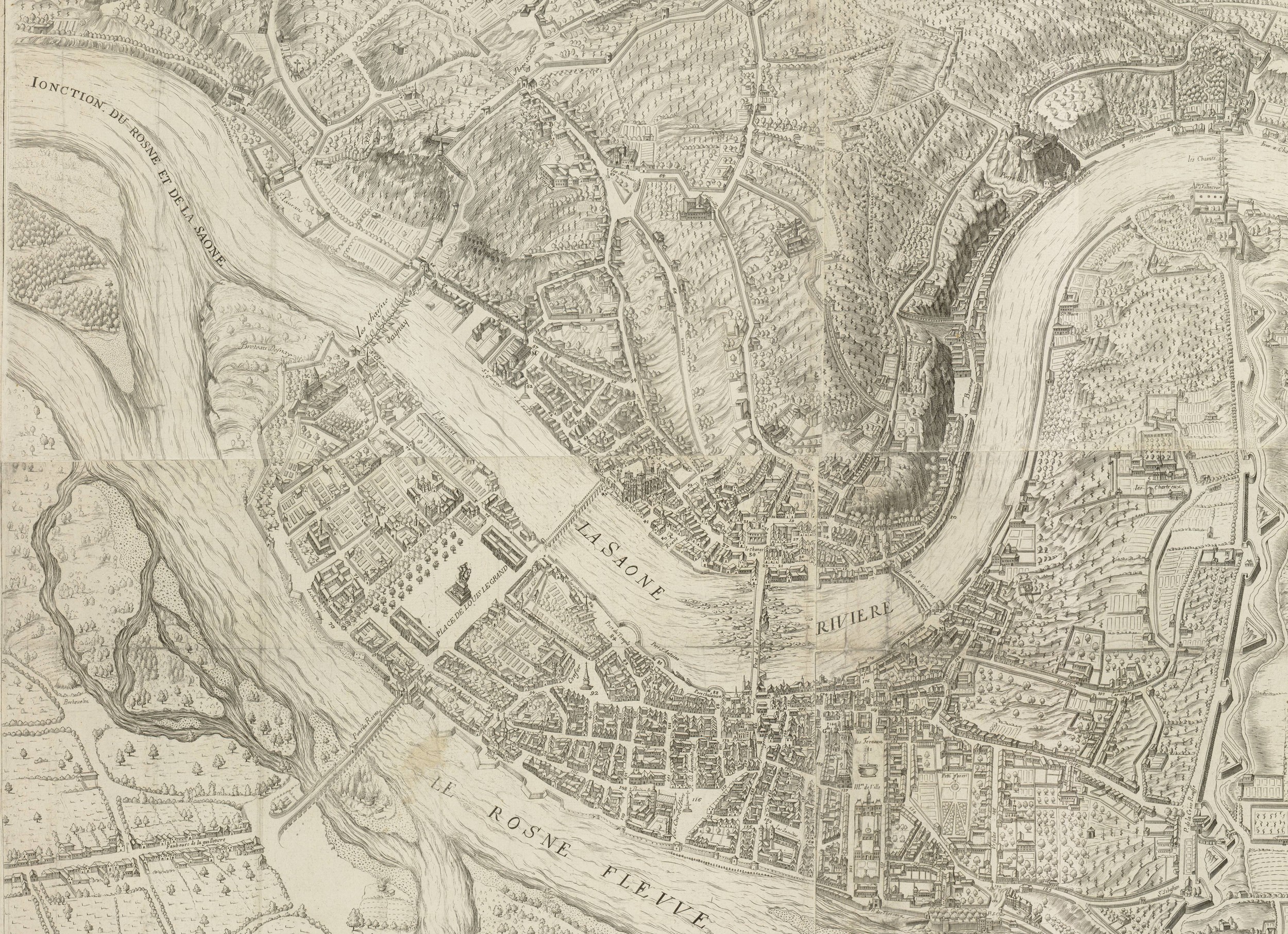 Description au naturel de la Ville de Lyon : plan gravé par Simon Maupin (3édition, 1714, cote : 1S/171, détail)